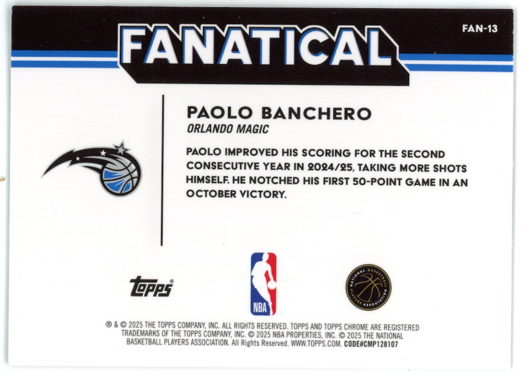 PAOLO BANCHERO 2025-26 Topps Chrome Fanatical Case Hit SSP #FAN-13 Magic