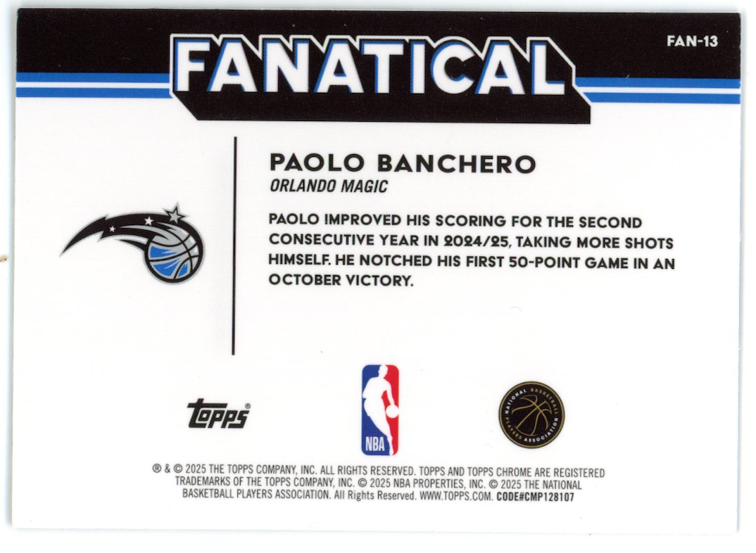 PAOLO BANCHERO 2025-26 Topps Chrome Fanatical Case Hit SSP #FAN-13 Magic