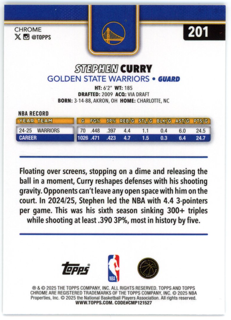 STEPHEN CURRY 2025-26 Topps Chrome Basketball Border Refractor #201 Warriors
