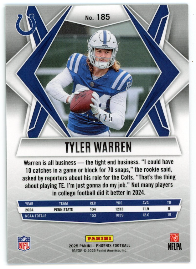 TYLER WARREN 2025 Panini Phoenix Rookie Green Prizm /25 #185 Colts
