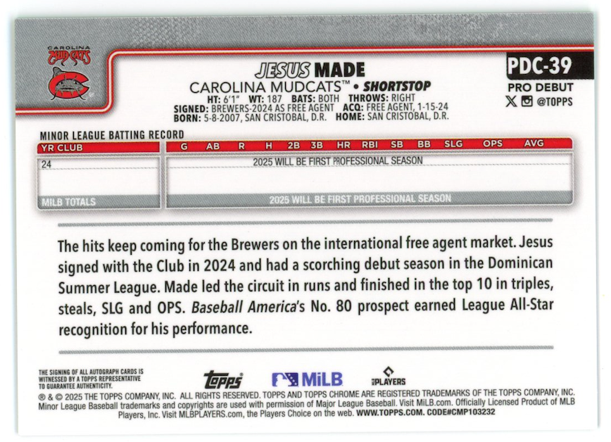 JESUS MADE 2025 Topps Pro Debut Chrome Green Refractor Auto /99 #PDC-39 Mudcats