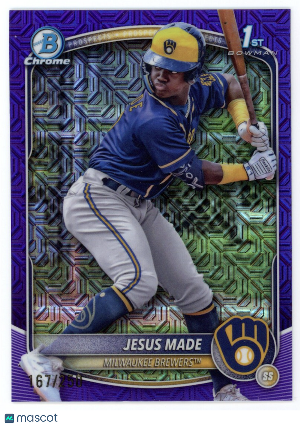 JESUS MADE 2025 Bowman Chrome Mega Box Purple Mojo Refractor /250 #BCP50 Brewers