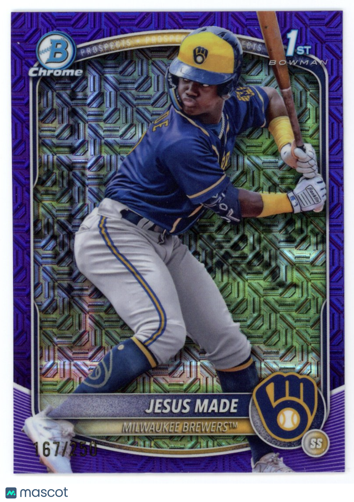 JESUS MADE 2025 Bowman Chrome Mega Box Purple Mojo Refractor /250 #BCP50 Brewers