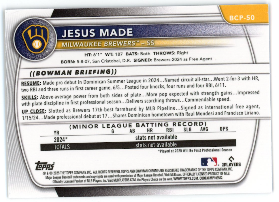 JESUS MADE 2025 Bowman Chrome Mega Box Purple Mojo Refractor /250 #BCP50 Brewers