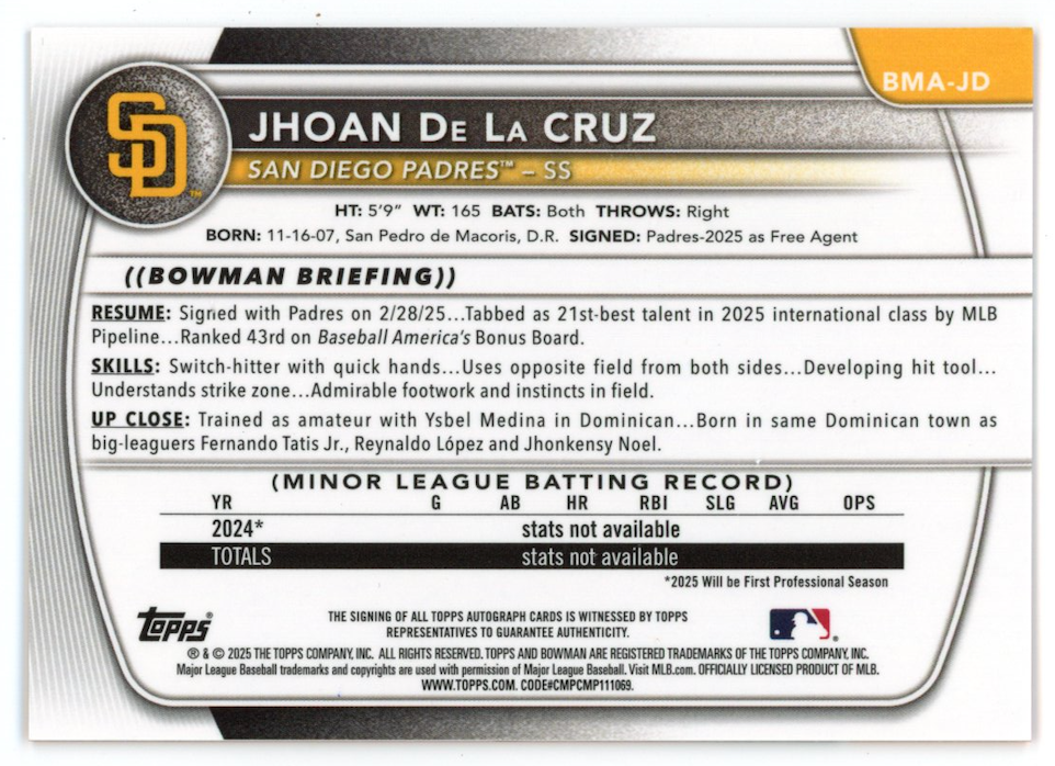 JHOAN DE LA CRUZ 2025 Bowman Mega Box Chrome Orange Refractor Auto /25 #BMA-JD