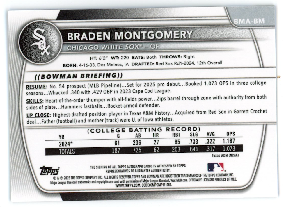 BRADEN MONTGOMERY 2025 Bowman Chrome Mega Blue Mojo Refractor Auto /150 #BMA-BM