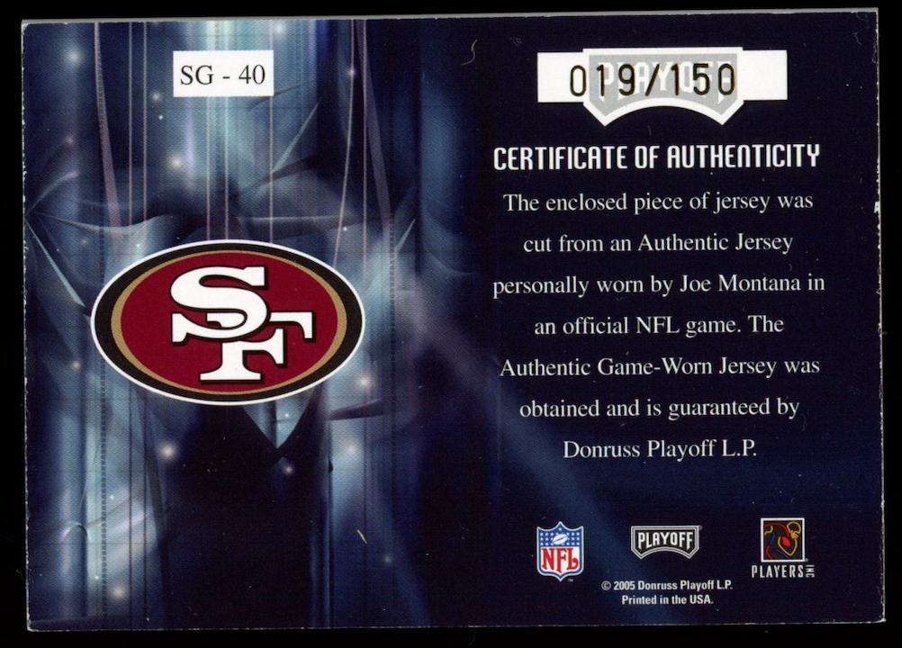 JOE MONTANA 2005 Playoff Absolute Star Gazing Patch /150 #SG-40 49ers