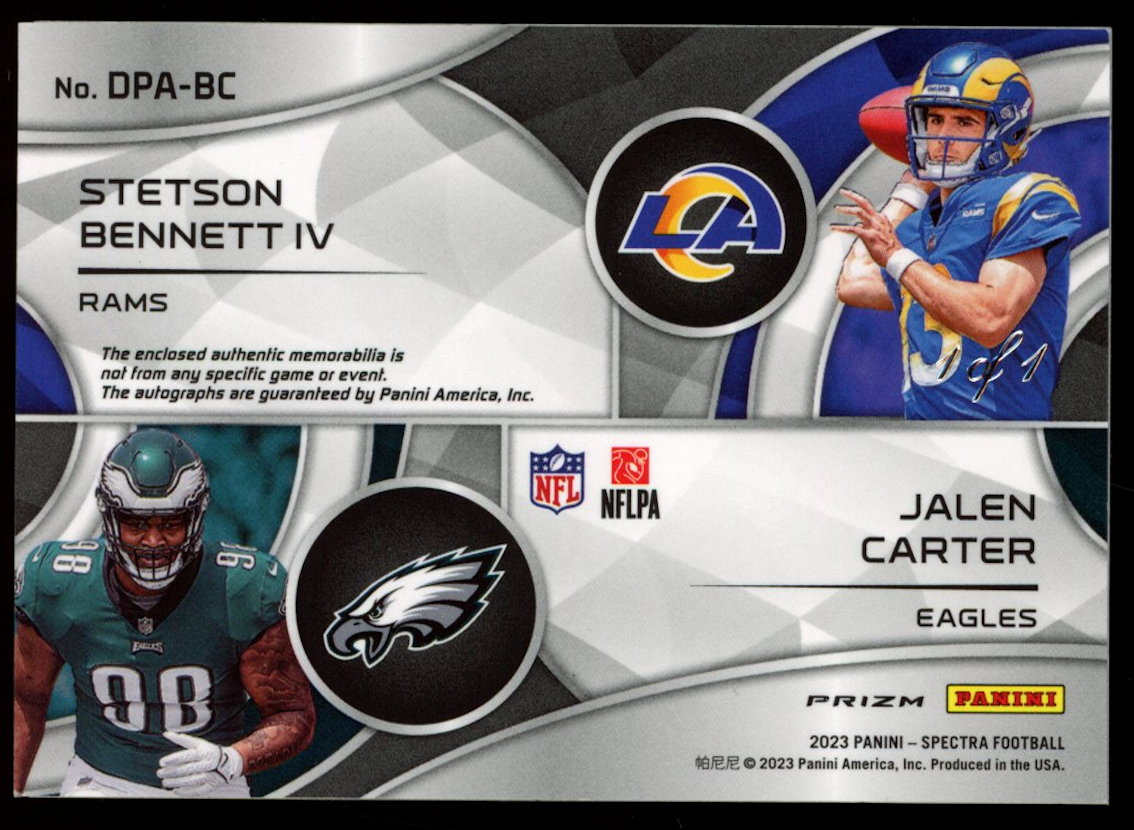 JALEN CARTER STETSON BENNETT 2023 Spectra Rookie Patch Auto 1/1 Gold Vinyl