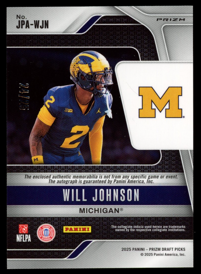 WILL JOHNSON 2025 Prizm Draft Picks Rookie Patch Auto Tie-Dye /25 Michigan