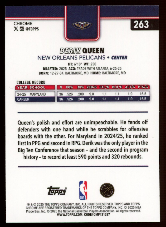 DERIK QUEEN 2025-26 Topps Chrome Rookie Green Refractor /99 #263 Pelicans