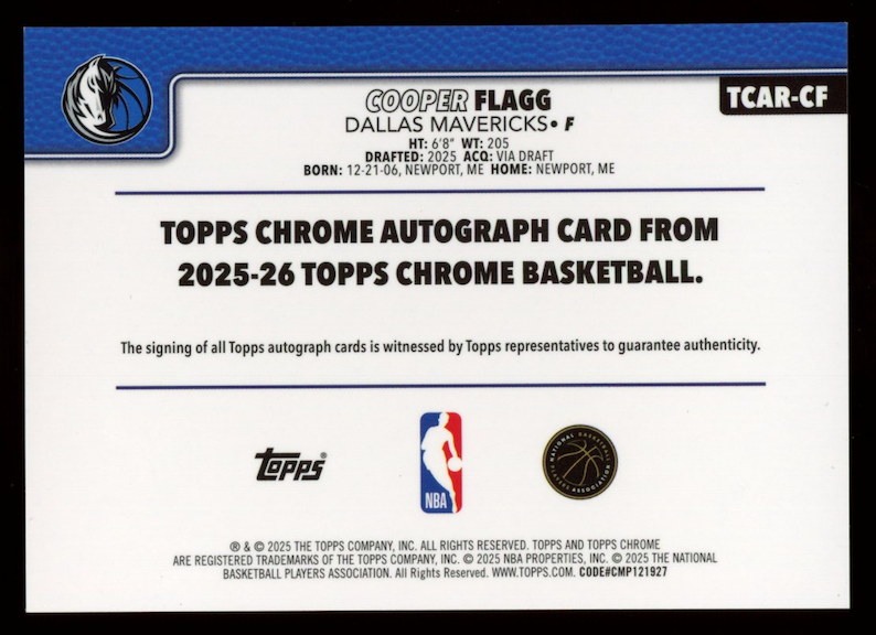 COOPER FLAGG 2025-26 Topps Chrome Rookie Auto #TCAR-CF Dallas Mavericks