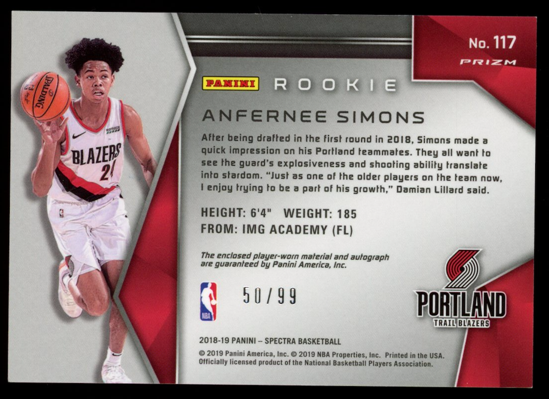 ANFERNEE SIMONS 2018-19 Panini Spectra Rookie Patch Auto Neon Blue Scope /99