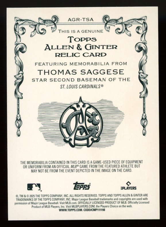 THOMAS SAGGESE 2025 Topps Allen & Ginter Rookie Bat Relic Black Foil /10 #AGRTSA