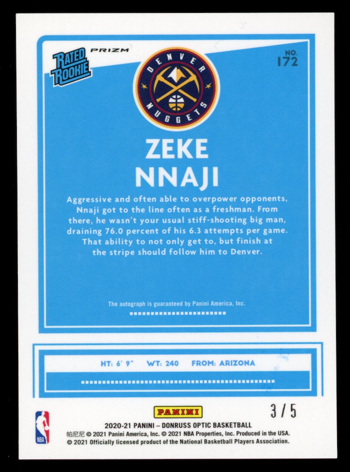 ZEKE NNAJI 2020-21 Panini Donruss Optic Rated Rookie Auto Green Prizm /5 #172
