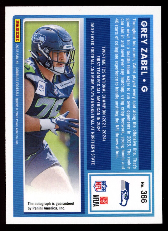 GREY ZABEL 2025 Panini Donruss Rated Rookie Blue Auto /150 #366 Seahawks