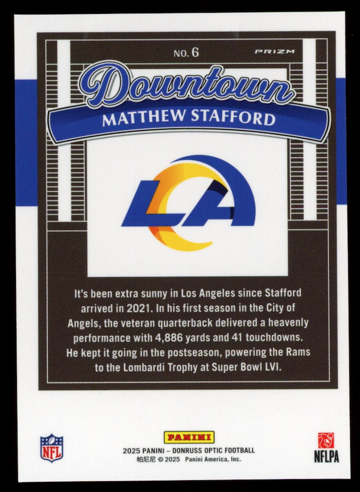 MATTHEW STAFFORD 2025 Panini Donruss Optic Downtown Case Hit SSP #6 Rams