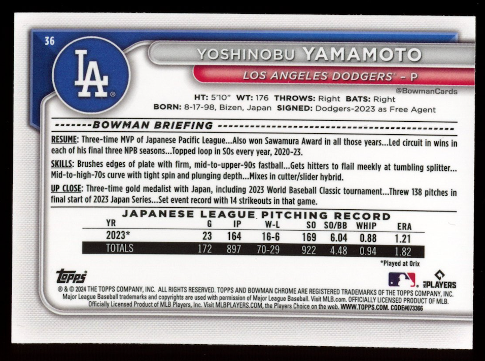 YOSHINOBU YAMAMOTO 2024 Bowman Mega Box Chrome Pink Refractor Rookie /199 #36