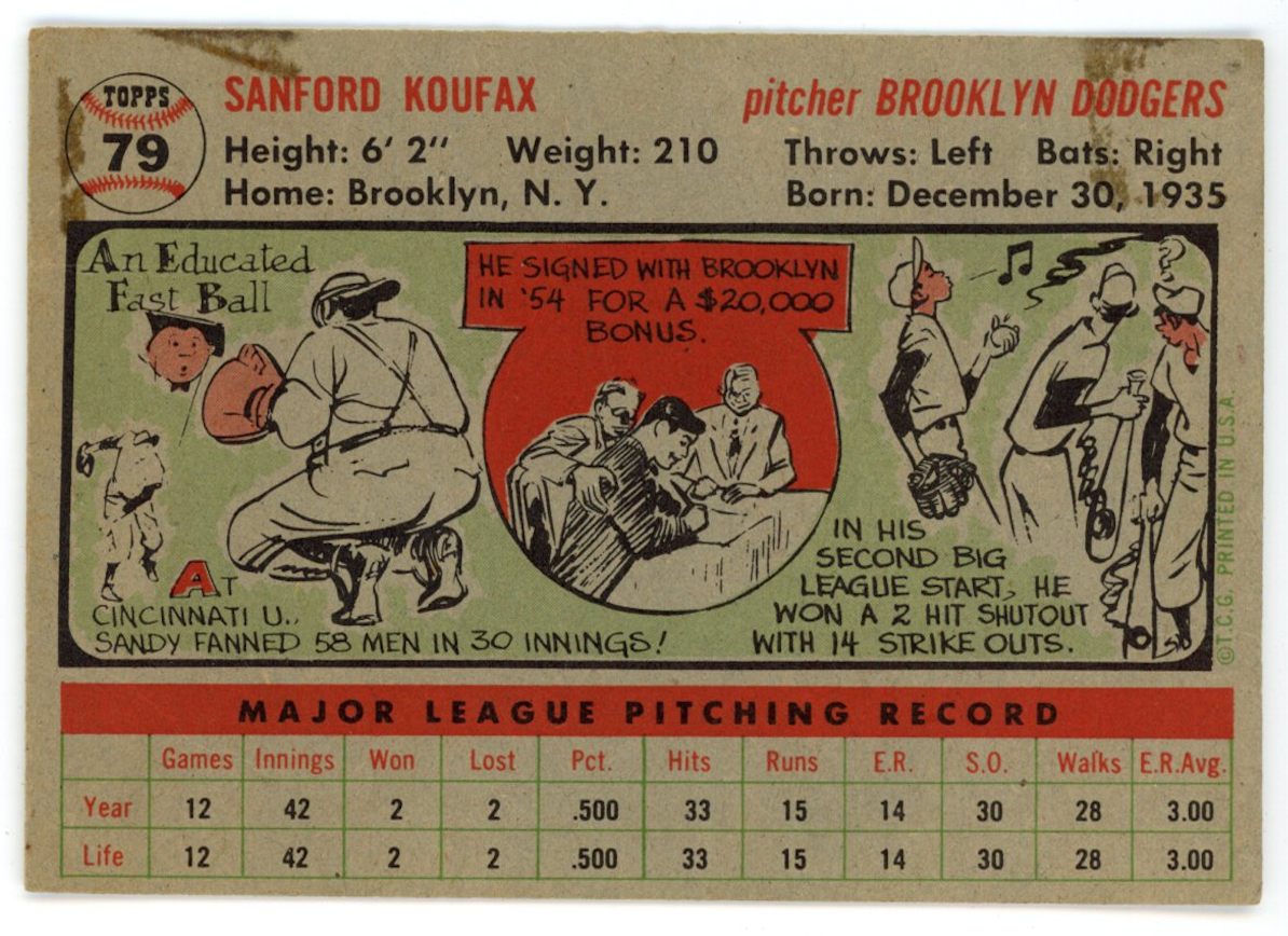 SANDY KOUFAX 1956 Topps Baseball Gray Back #79 Brooklyn Dodgers