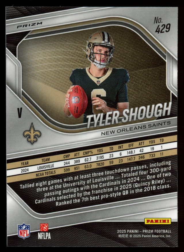 TYLER SHOUGH 2025 Panini Prizm Silver Variation Rookie #429 Saints