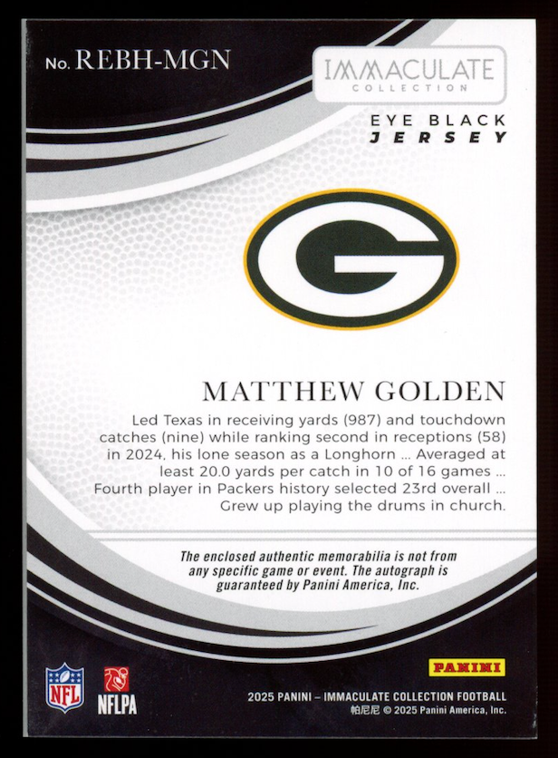 MATTHEW GOLDEN 2025 Panini Immaculate Eye Black Rookie Patch Auto /99 Packers