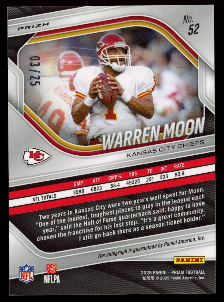 WARREN MOON 2025 Panini Prizm FOTL Auto Blue Shimmer /25 #52 Kansas City Chiefs