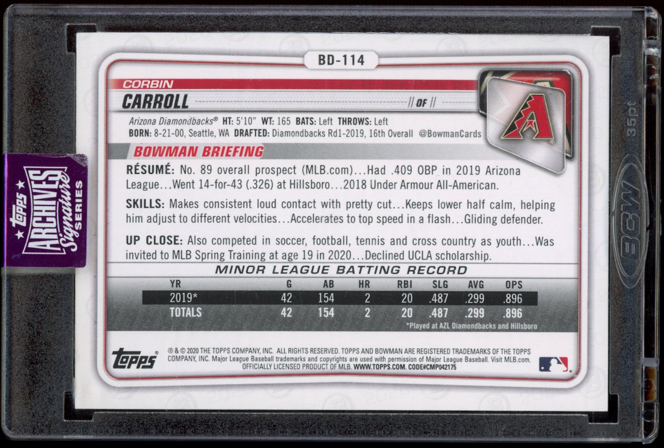 CORBIN CARROLL 2025 Topps Archives Signature Series 2020 Bowman Auto /38 #BD-114