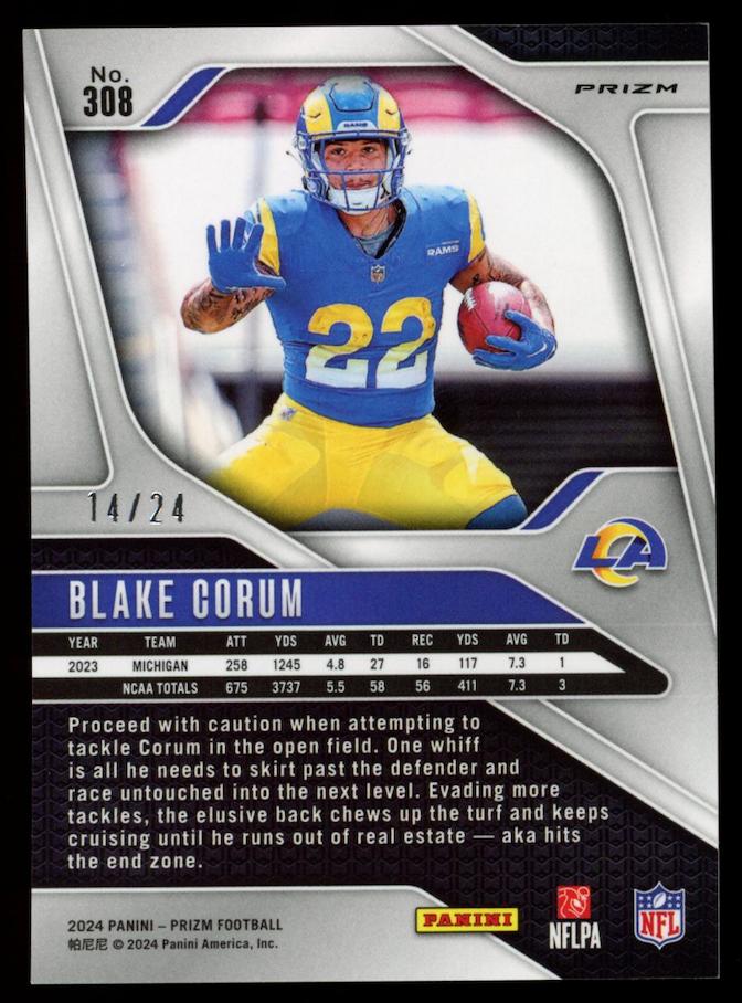 BLAKE CORUM 2024 Panini Prizm Gold Sparkle Rookie /24 #308 Rams