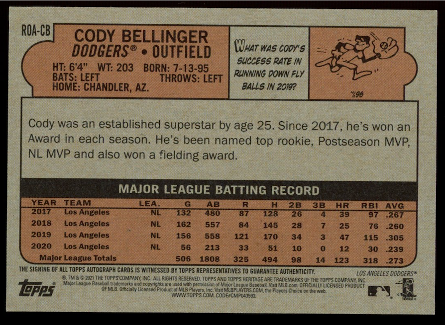 CODY BELLINGER 2021 Topps Heritage Real One Auto #ROA-CB Dodgers