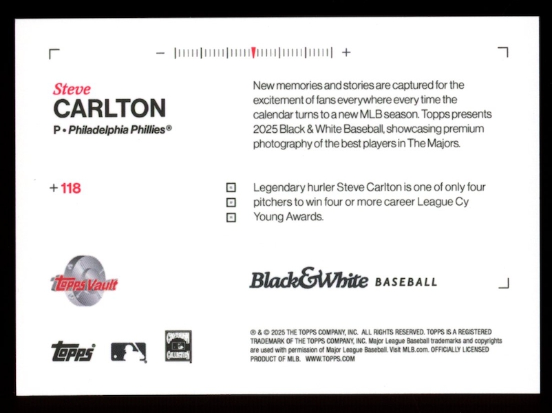 STEVE CARLTON 2025 Topps Black & White Baseball Red Parallel /10 #118 Phillies