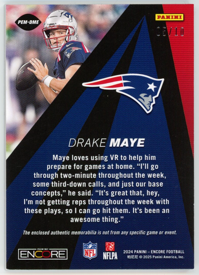 DRAKE MAYE 2024 Panini Encore Pinnacle XPress Rookie Logo Patch Gold /10 Patriot