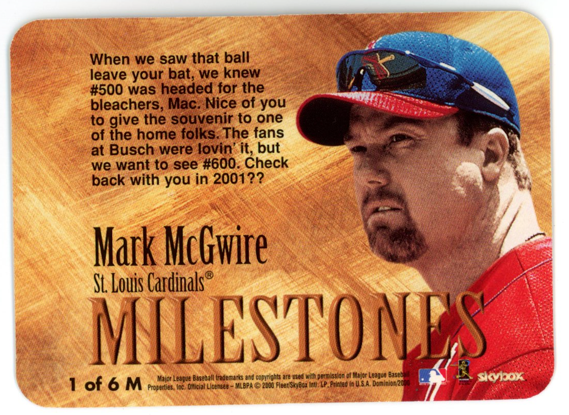 MARK MCGWIRE 2000 SkyBox Dominion Milestones 500th Home Run #1M Cardinals