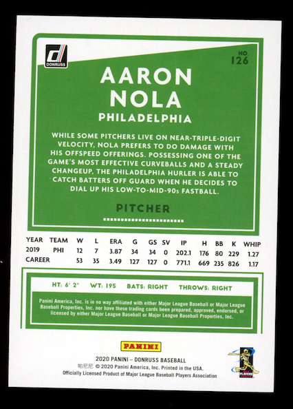 AARON NOLA 2020 Panini Donruss Artist Proof Gold /10 #126 Phillies