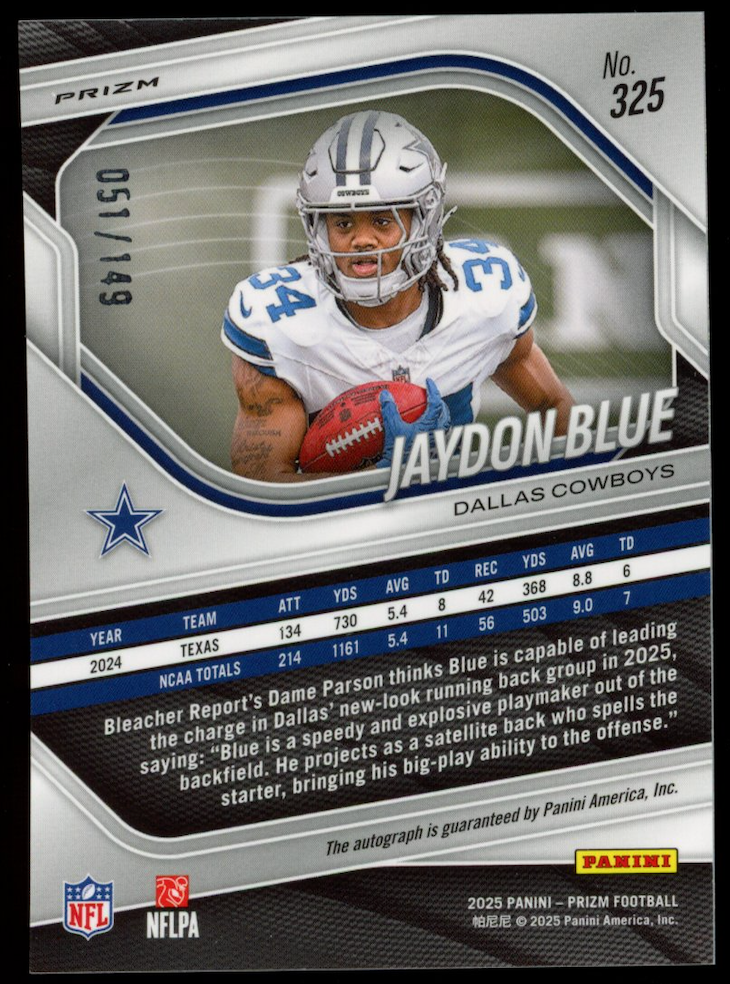 JAYDON BLUE 2025 Panini Prizm Rookie Auto Red Wave /149 #325 Cowboys