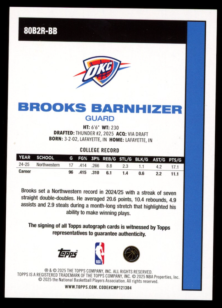 BROOKS BARNHIZER 2025-26 Topps 45th Anniversary Rookie Auto Gold /50 #80B2R-BB