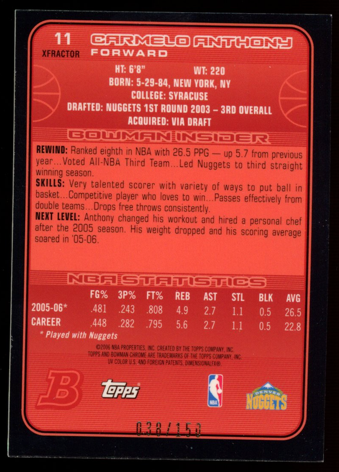 CARMELO ANTHONY 2006-07 Bowman Chrome X-Fractor /150 #11 Nuggets