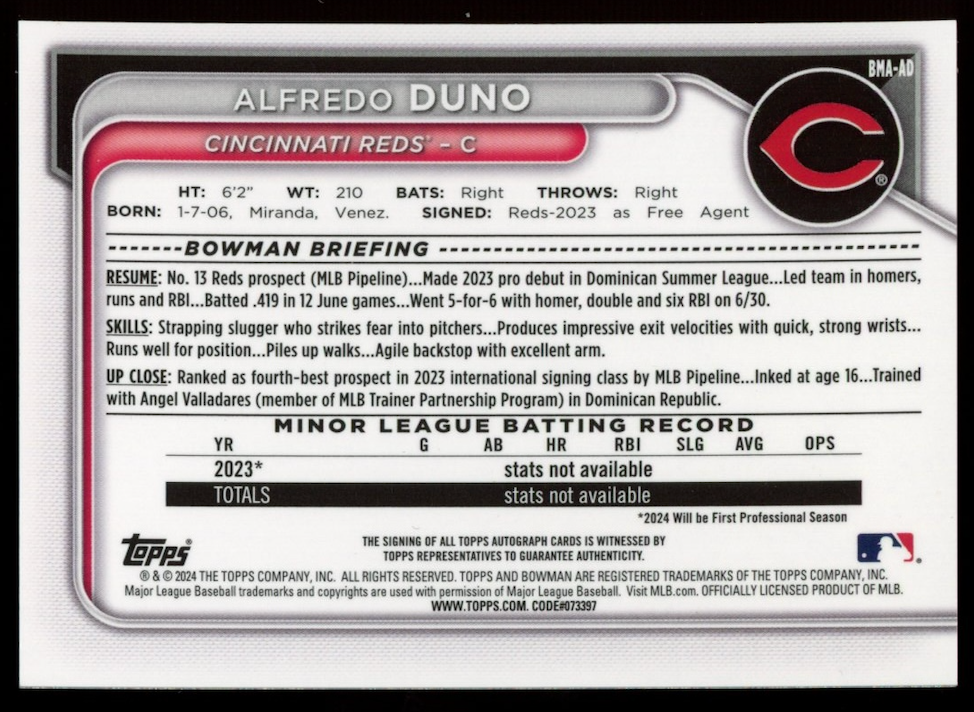 ALFREDO DUNO 2024 Bowman Chrome Mega Auto Blue Mojo Refractor /150 #BMA-AD Reds