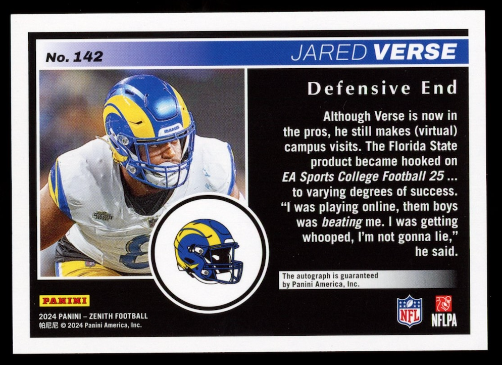 JARED VERSE 2024 Panini Zenith Red Zone Blue Rookie Auto /25 #142 Rams