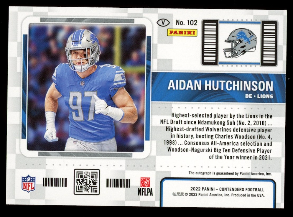 AIDAN HUTCHINSON 2023 Panini Contenders Rookie Ticket Auto Red Zone #102 Lions