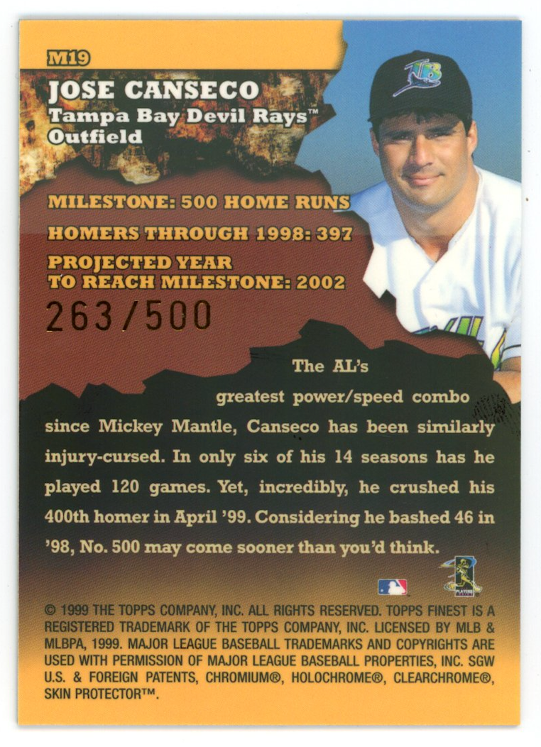 JOSE CANSECO 1999 Topps Finest Milestones Refractor #M19 /500 Devil Rays