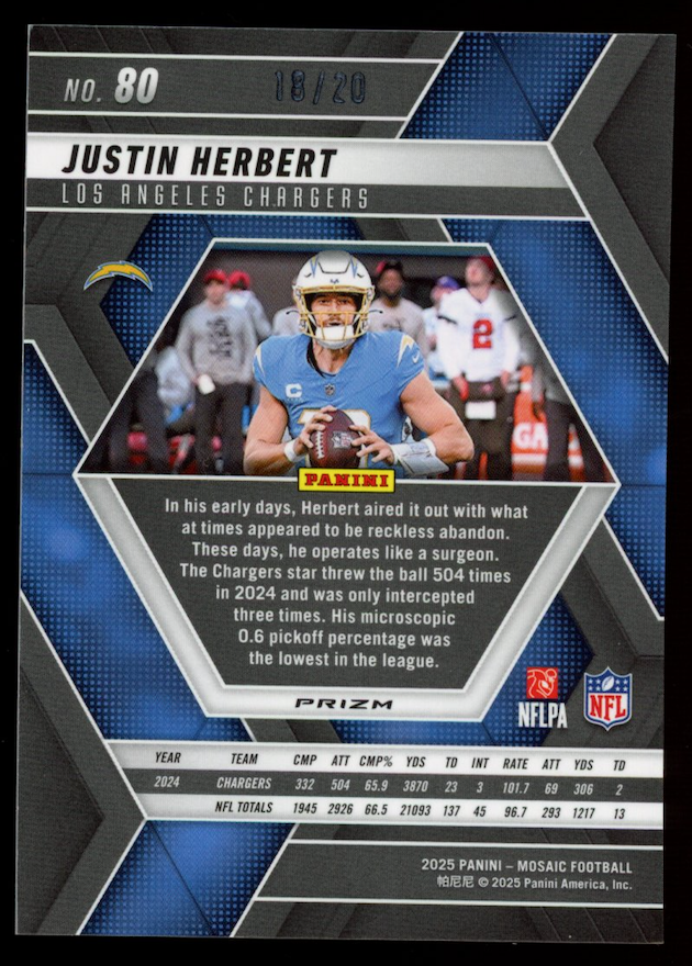 JUSTIN HERBERT 2025 Panini Mosaic Cherry Blossom Prizm /20 #80 Chargers