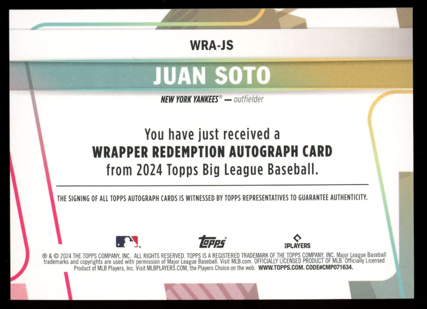 JUAN SOTO 2024 Topps Big League Wrapper Redemption Auto /10 #WRA-JS Yankees