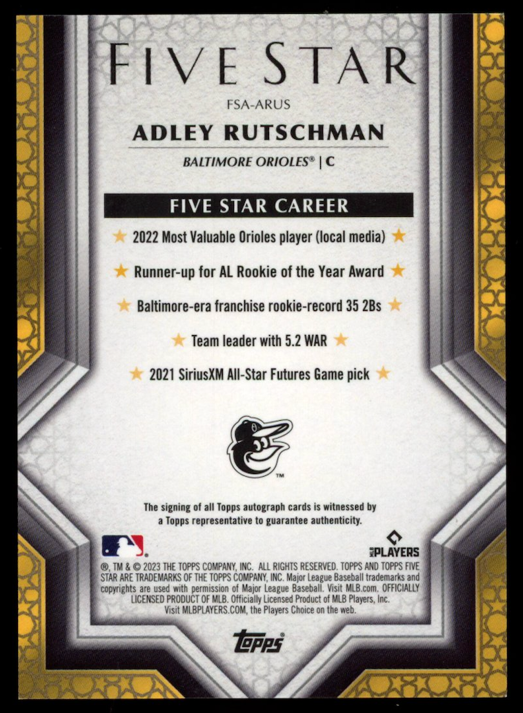 ADLEY RUTSCHMAN 2023 Topps Five Star Rookie Auto #FSA-ARUS Orioles