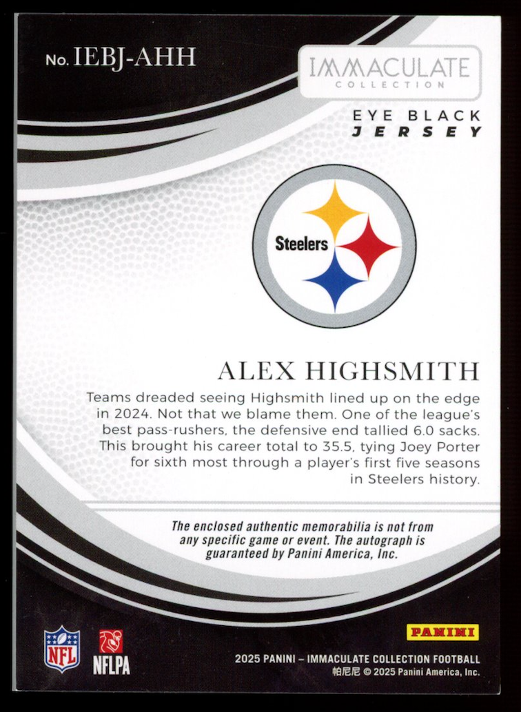 ALEX HIGHSMITH 2025 Panini Immaculate Eye Black Patch Auto Silver /10 Steelers