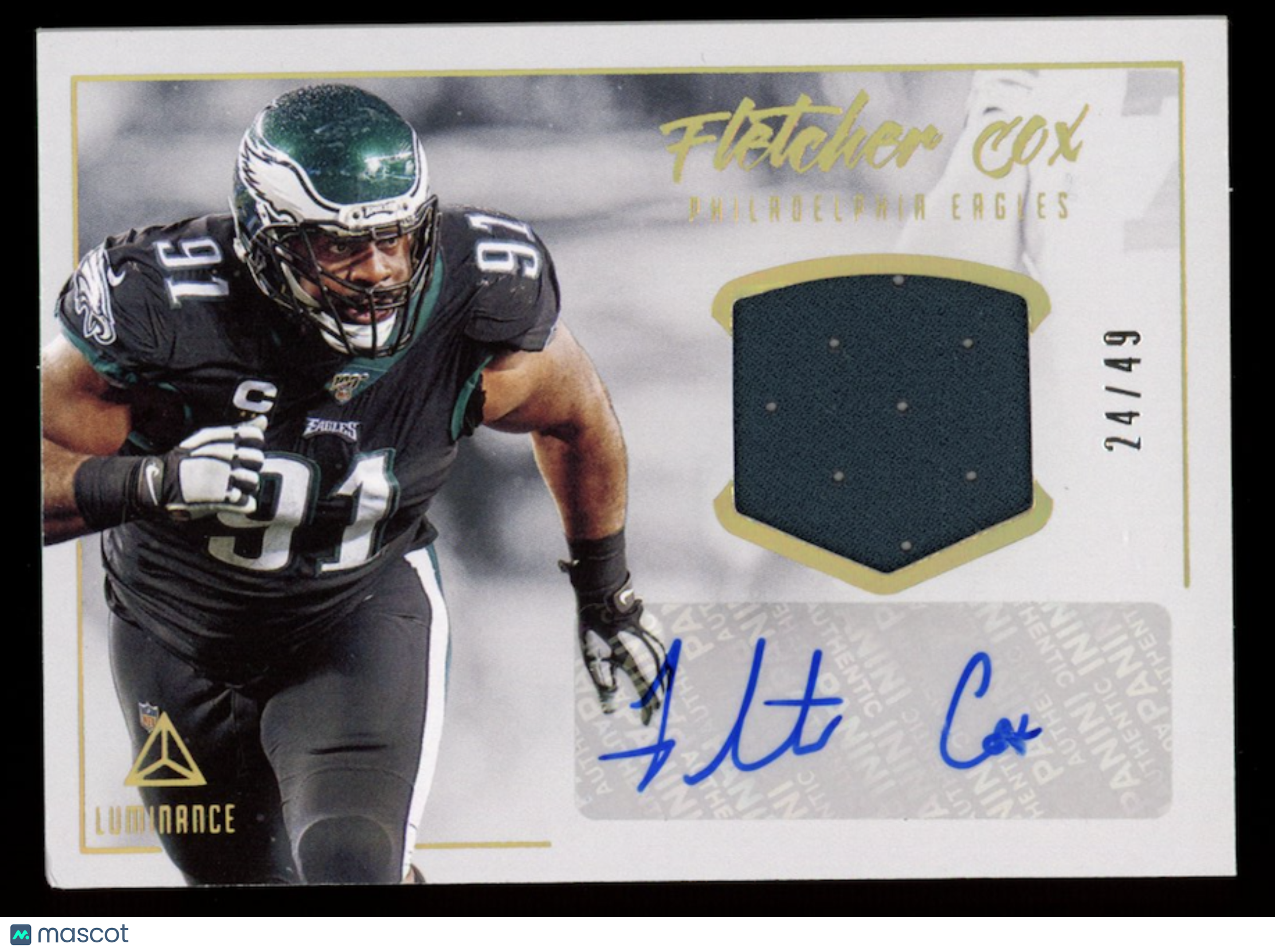 FLETCHER COX 2020 Panini Luminance Jersey Patch Auto Gold /49 #AJ-12 Eagles
