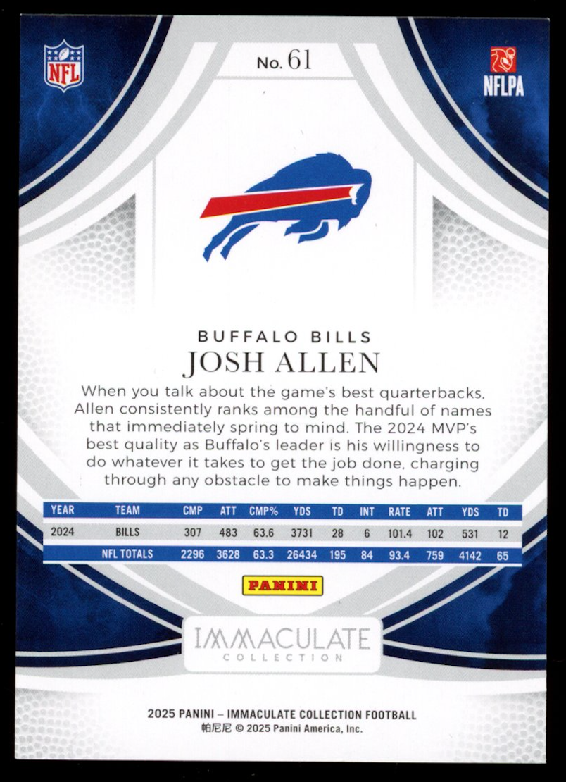 JOSH ALLEN 2025 Panini Immaculate Collection Cleats Blue /50 #61 Bills