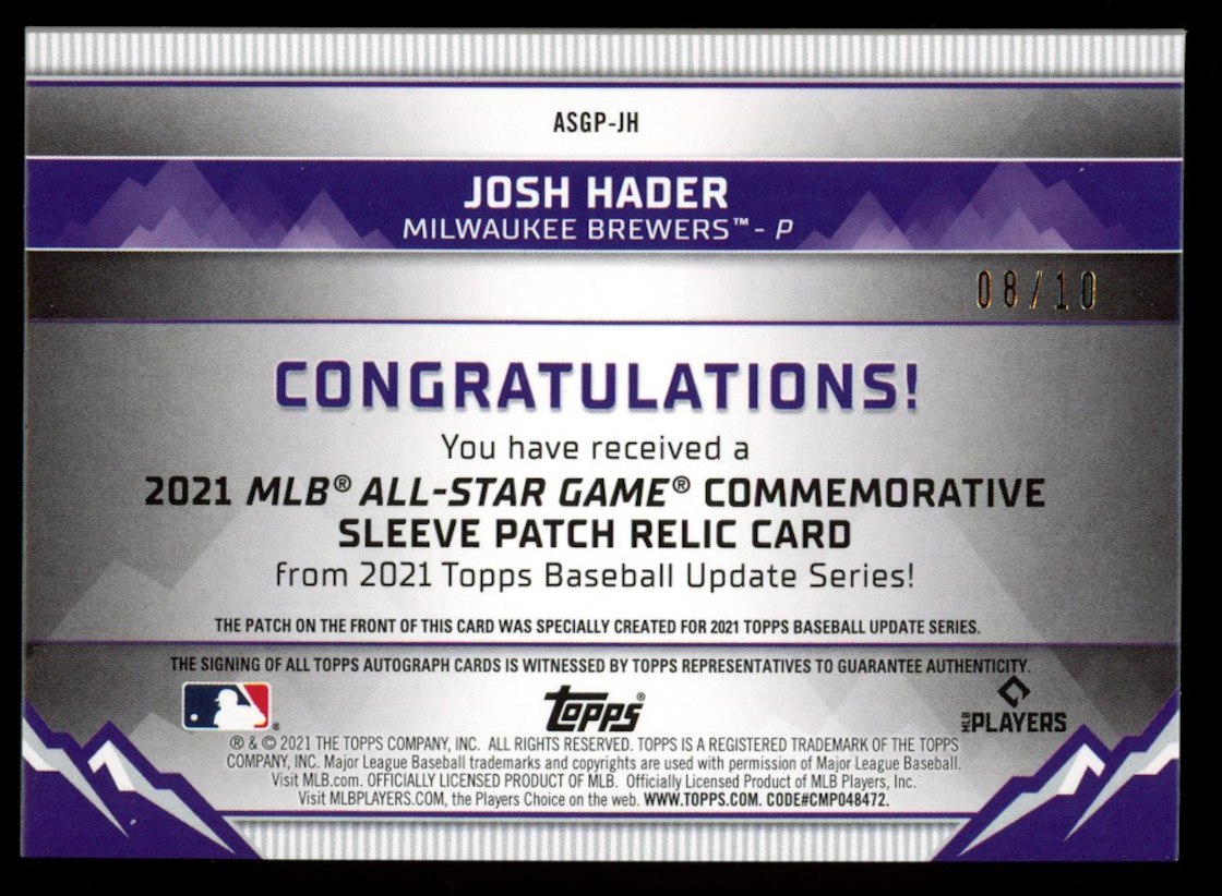 JOSH HADER 2021 Topps Update Series MLB All-Star Game Patch Auto /10 #ASGP-JH