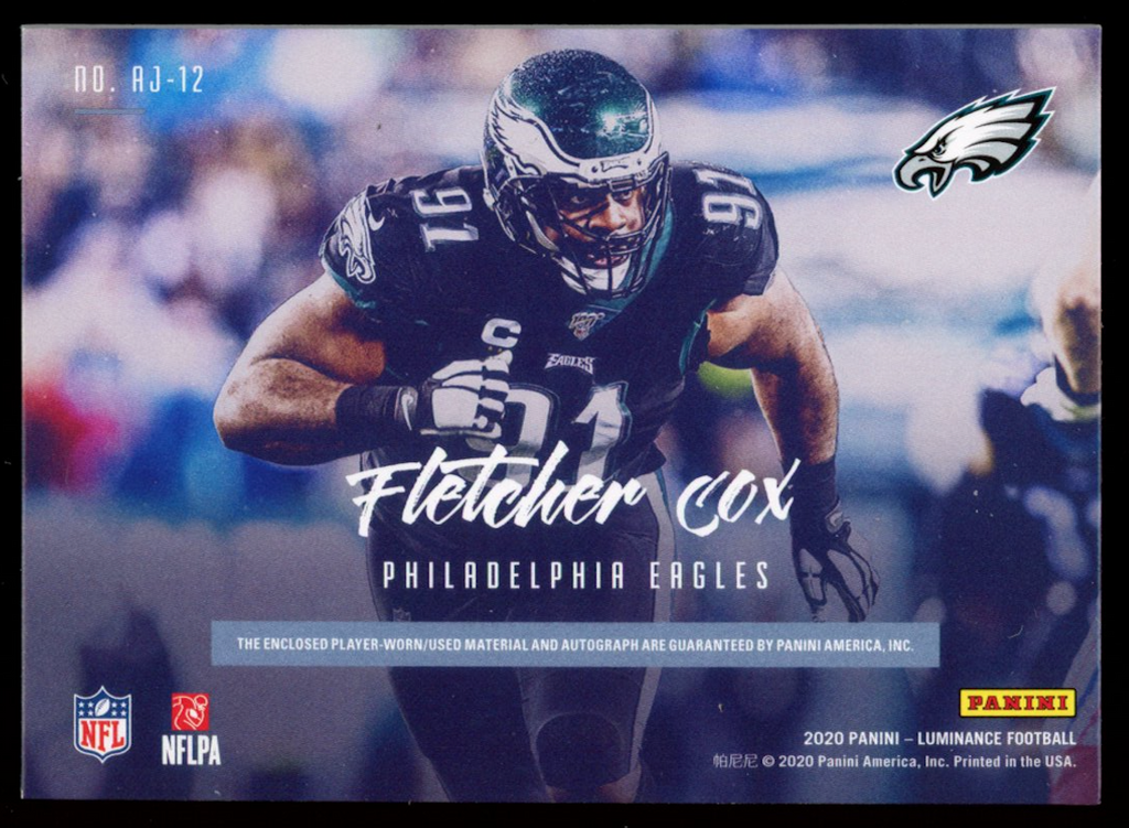 FLETCHER COX 2020 Panini Luminance Jersey Patch Auto Gold /49 #AJ-12 Eagles