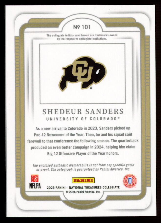 SHEDEUR SANDERS 2025 Panini National Treasures Rookie Patch Auto Purple /25