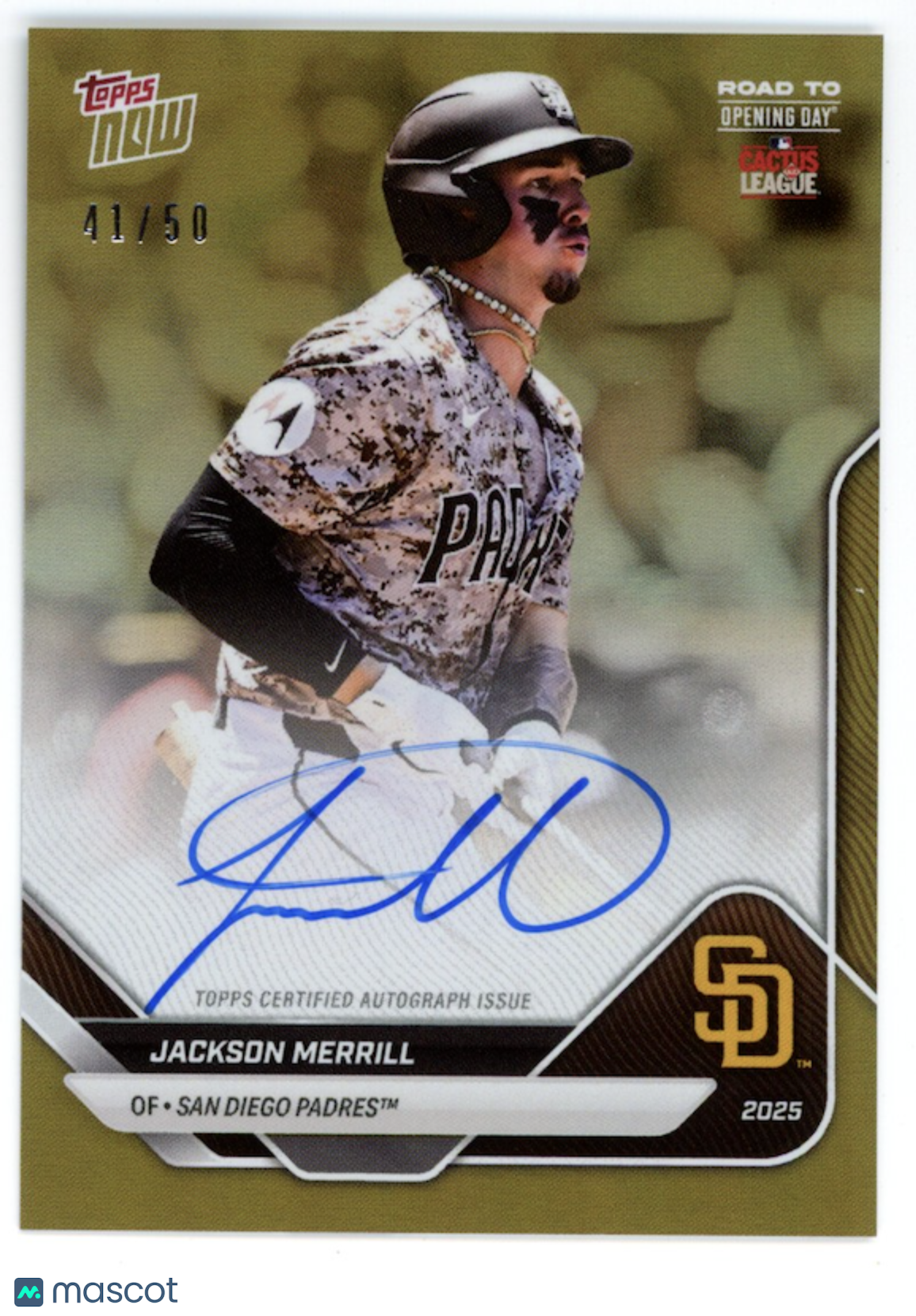JACKSON MERRILL 2025 Topps Now Road to Opening Day Auto Gold /50 #A-JM Padres
