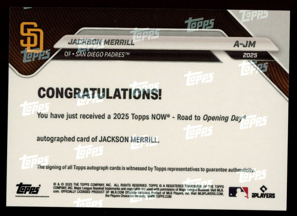 JACKSON MERRILL 2025 Topps Now Road to Opening Day Auto Gold /50 #A-JM Padres